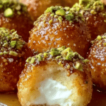 Close-up of ricotta pistachio honey bites drizzled with honey and topped with chopped pistachios, set on a wooden table.