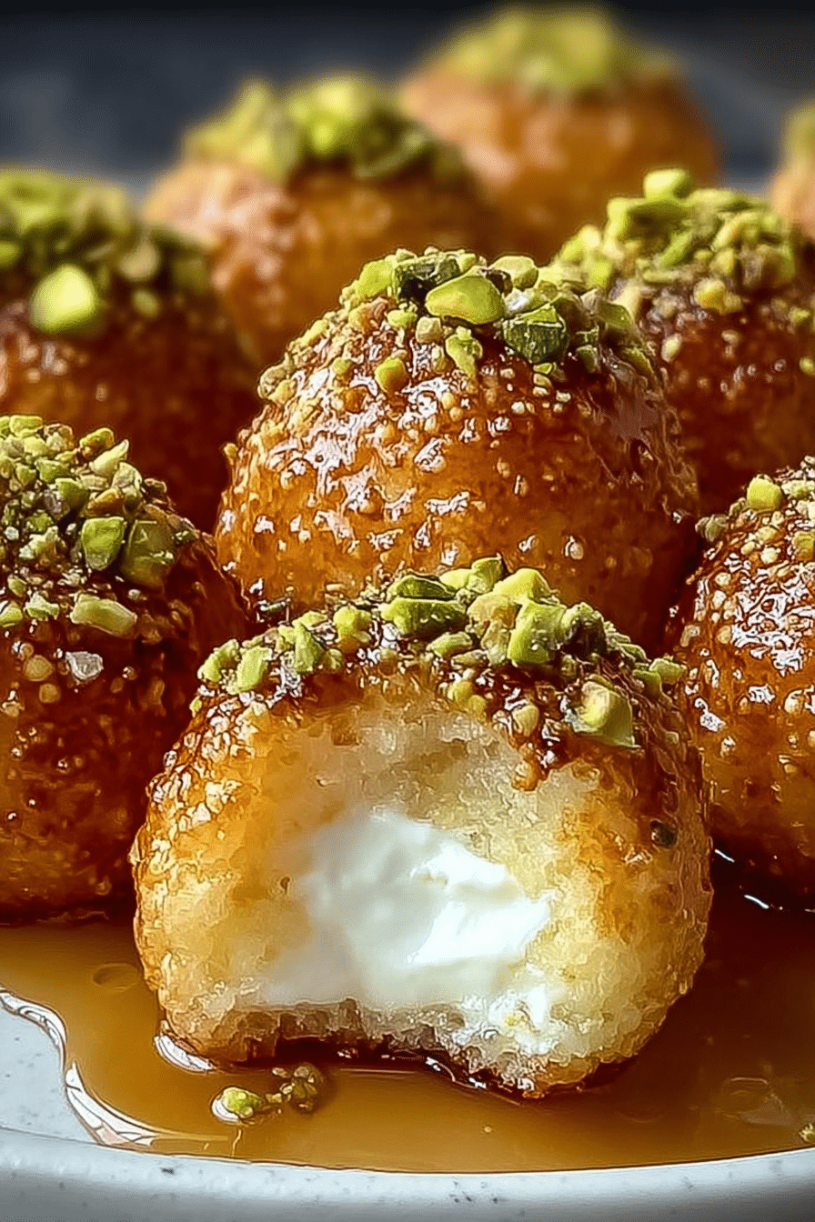 Close-up of ricotta pistachio honey bites drizzled with honey and topped with chopped pistachios, set on a wooden table.