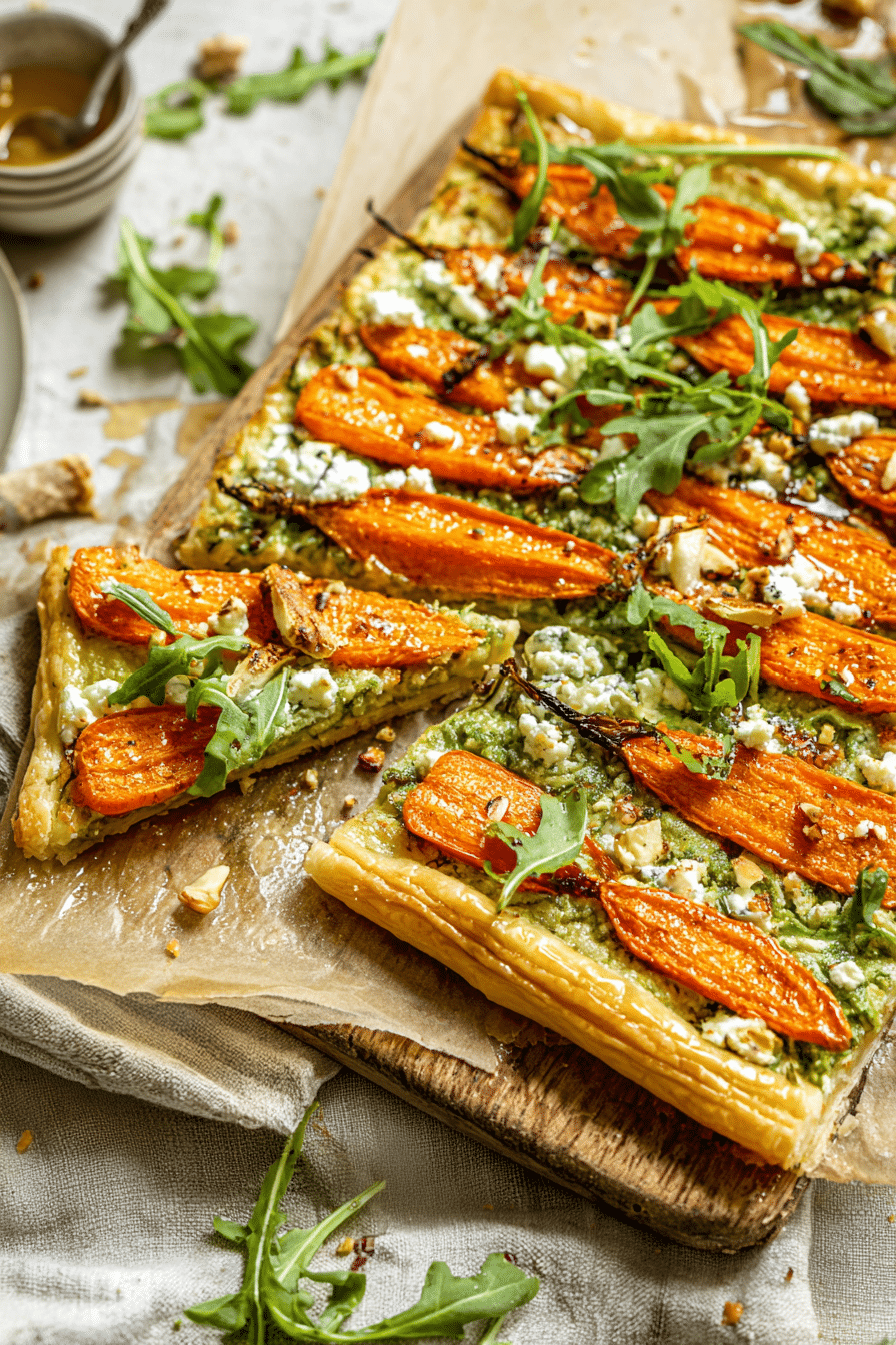 Roasted carrot puff pastry tart topped with arugula and walnuts, drizzled with honey, served on a rustic table.