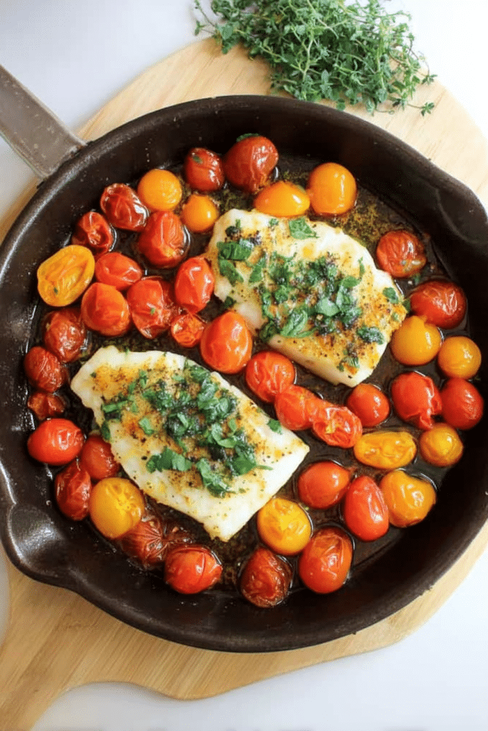 Plated roasted halibut with burst tomatoes, basil pesto, and lemon wedges.