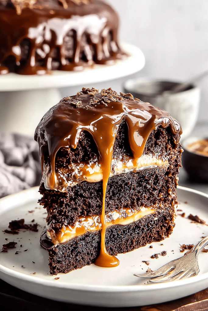 A delicious slice of salted caramel and chocolate cake, showcasing rich layers, caramel drizzle, and sea salt flakes.