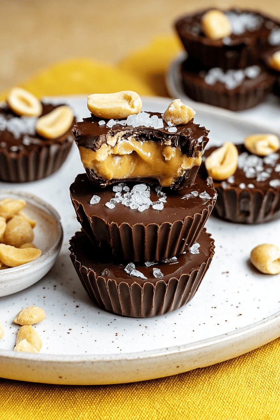Close-up of salted chocolate peanut butter banana cups with layers of dark chocolate and banana slices, sprinkled with chopped peanuts and flaky sea salt.
