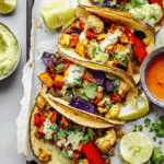 A colorful sheet pan roasted veggie taco preparation with roasted cauliflower, sweet potatoes, and peppers topped with cilantro and lime.