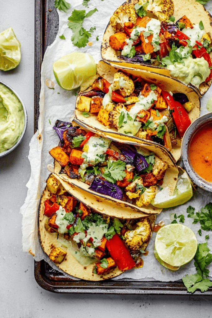A colorful sheet pan roasted veggie taco preparation with roasted cauliflower, sweet potatoes, and peppers topped with cilantro and lime.