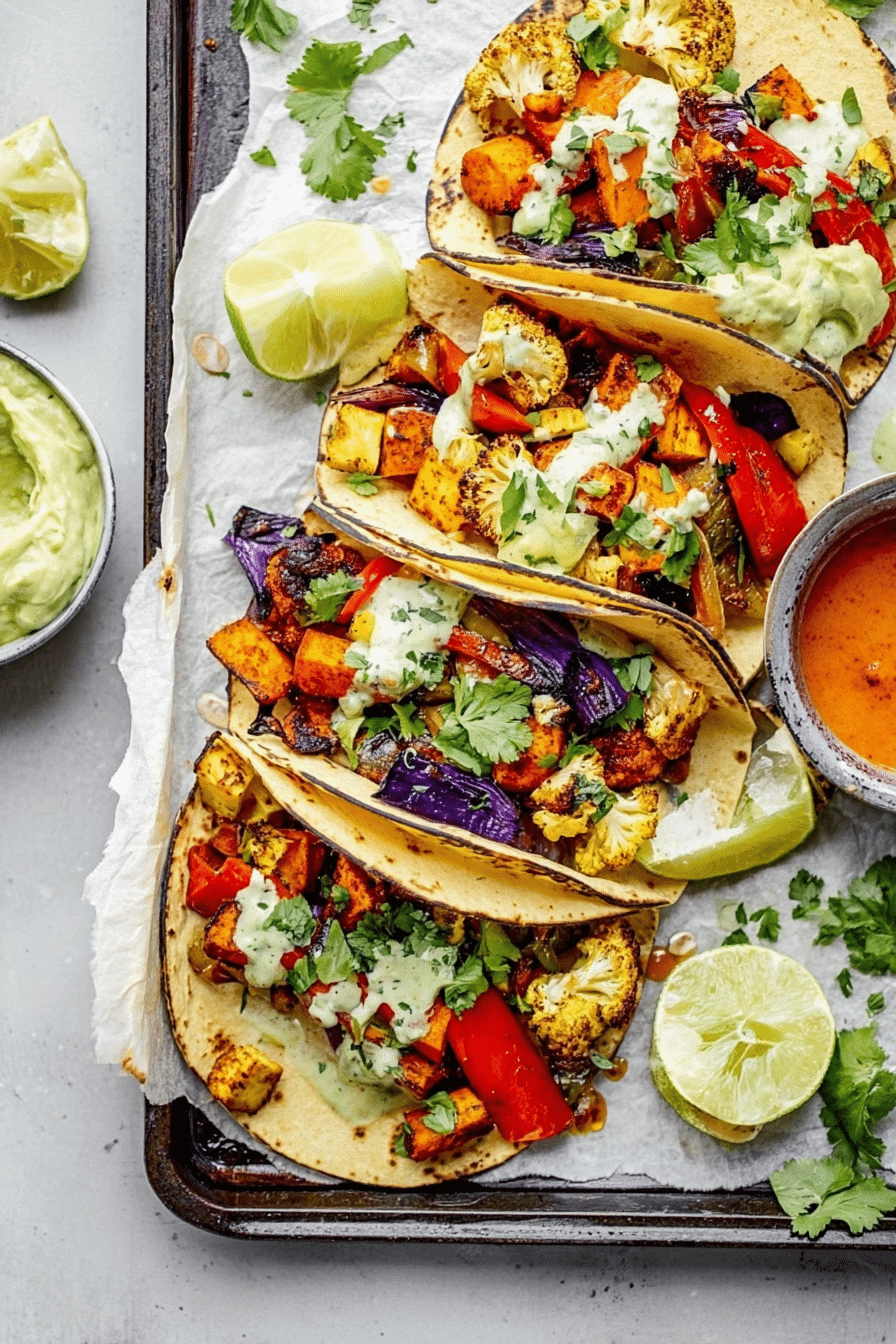 A colorful sheet pan roasted veggie taco preparation with roasted cauliflower, sweet potatoes, and peppers topped with cilantro and lime.