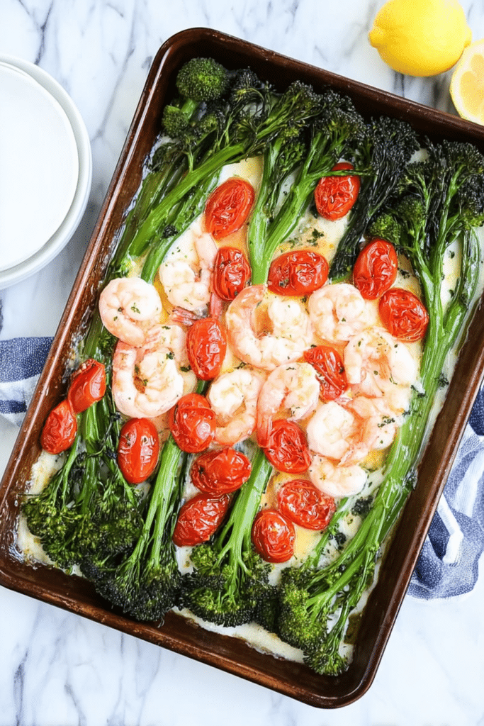 Sheet pan shrimp with broccolini and tomatoes, featuring roasted shrimp, green broccolini, and halved grape tomatoes on a rustic wooden table.