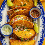 Delicious shortcut beef birria tacos with cilantro and onions, served with consommé on the side.