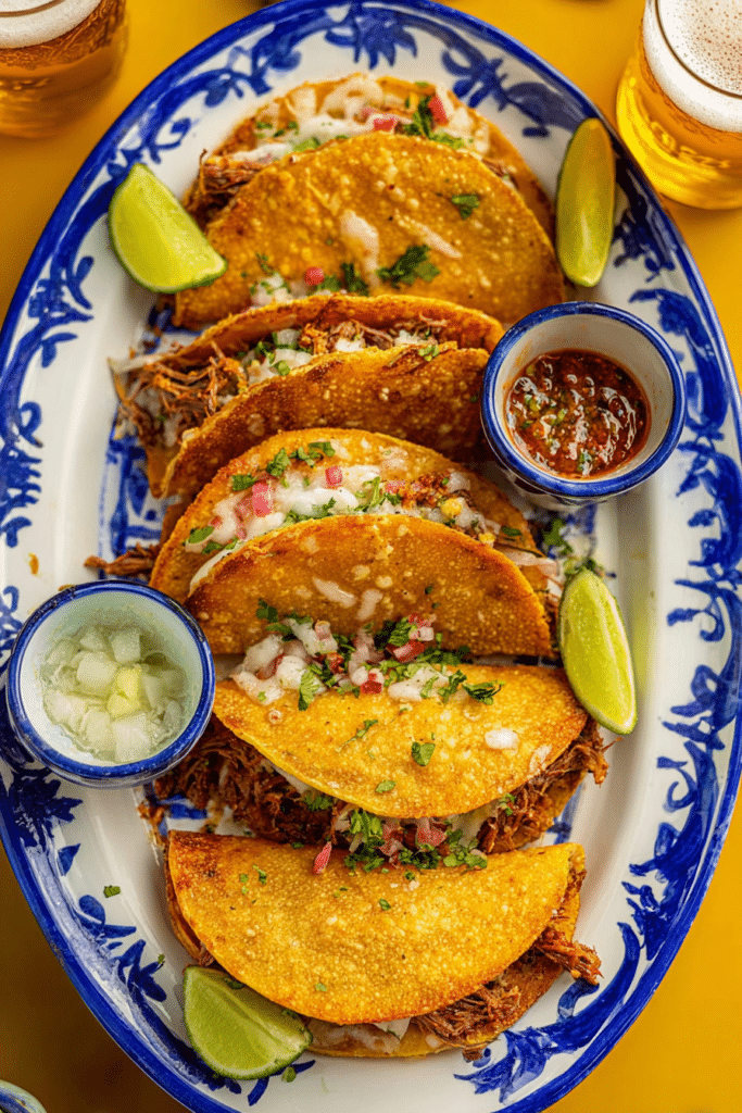 Delicious shortcut beef birria tacos with cilantro and onions, served with consommé on the side.
