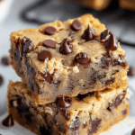 Close-up view of a slice of banana chocolate chip bar served on a plate, garnished with chocolate chips and a banana in the background.