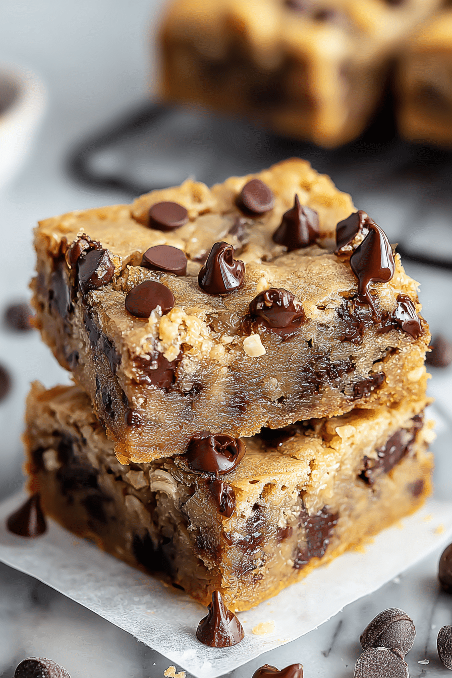Close-up view of a slice of banana chocolate chip bar served on a plate, garnished with chocolate chips and a banana in the background.