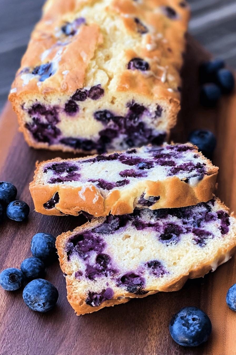 Sliced blueberry cream cheese bread on a cutting board with fresh blueberries