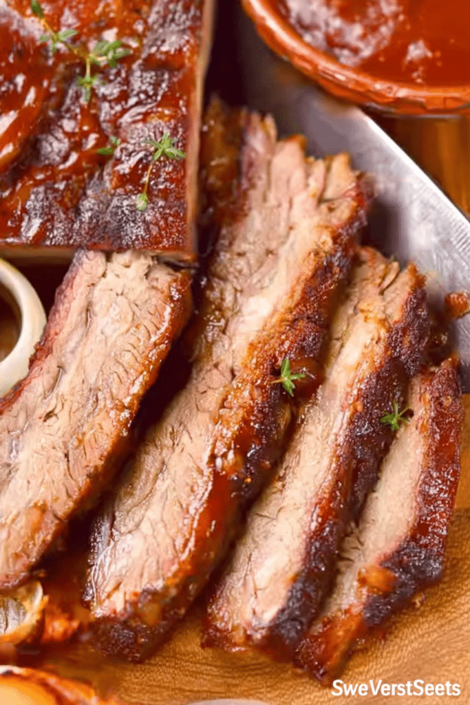Slow cooker beef brisket sliced and served with barbecue sauce on a wooden platter.