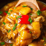 Delicious Slow Cooker Hawaiian Chicken served with rice and colorful vegetables, garnished with sesame seeds and green onions.