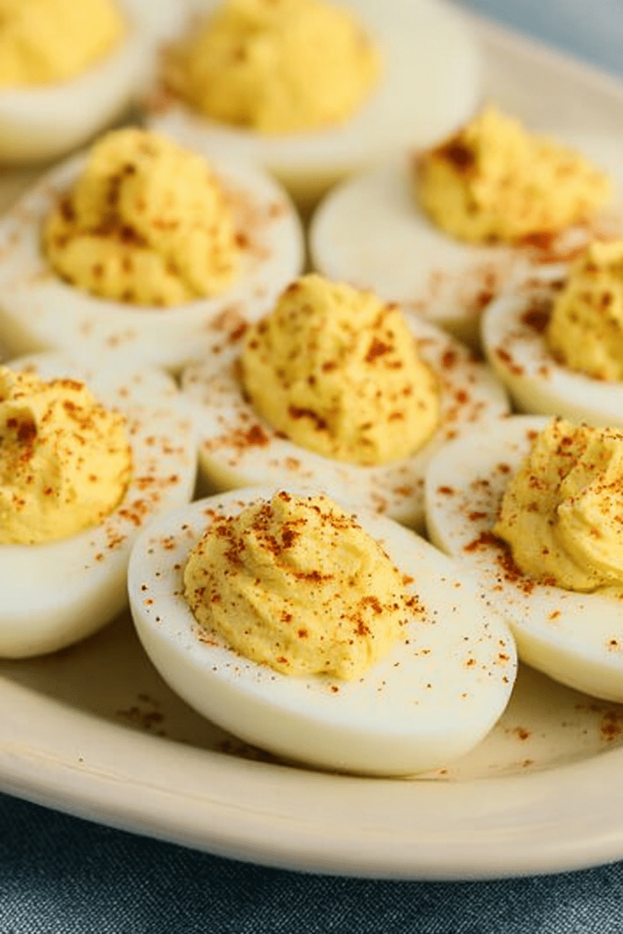 Close-up of smoked deviled eggs garnished with smoked paprika on a rustic wooden platter.