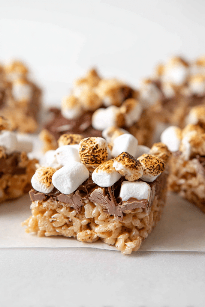 Close-up of gooey S'mores Rice Krispies Treats stacked on a wooden table with melted chocolate.