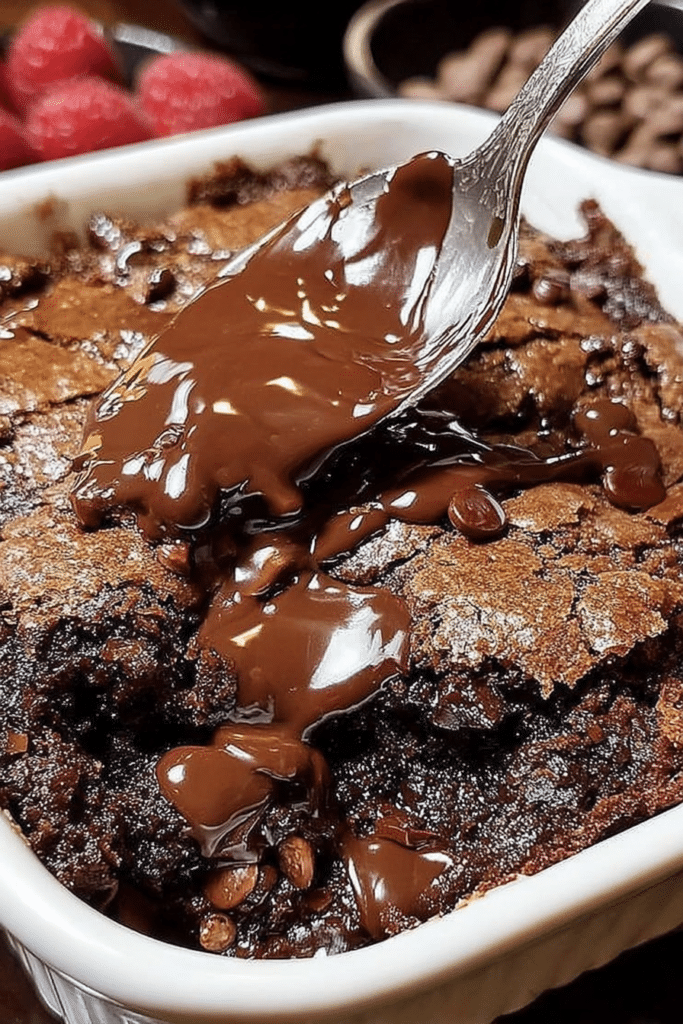 Warm Southern Chocolate Cobbler topped with melting vanilla ice cream, served in a rustic dish.