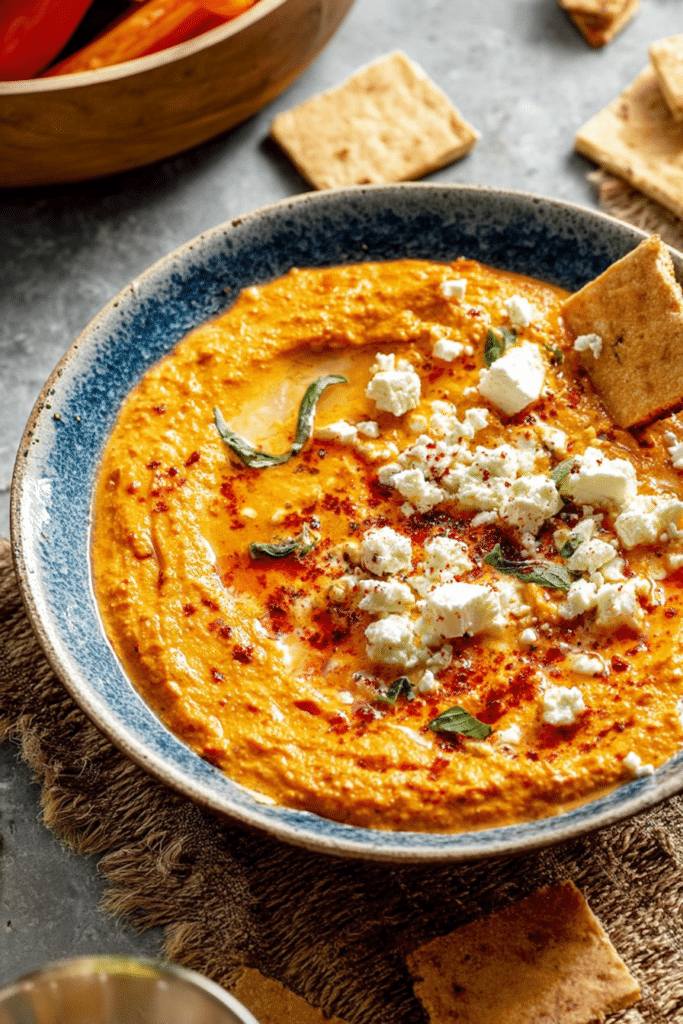 Spicy roasted red pepper feta dip served with pita chips and fresh vegetables on a wooden serving board.