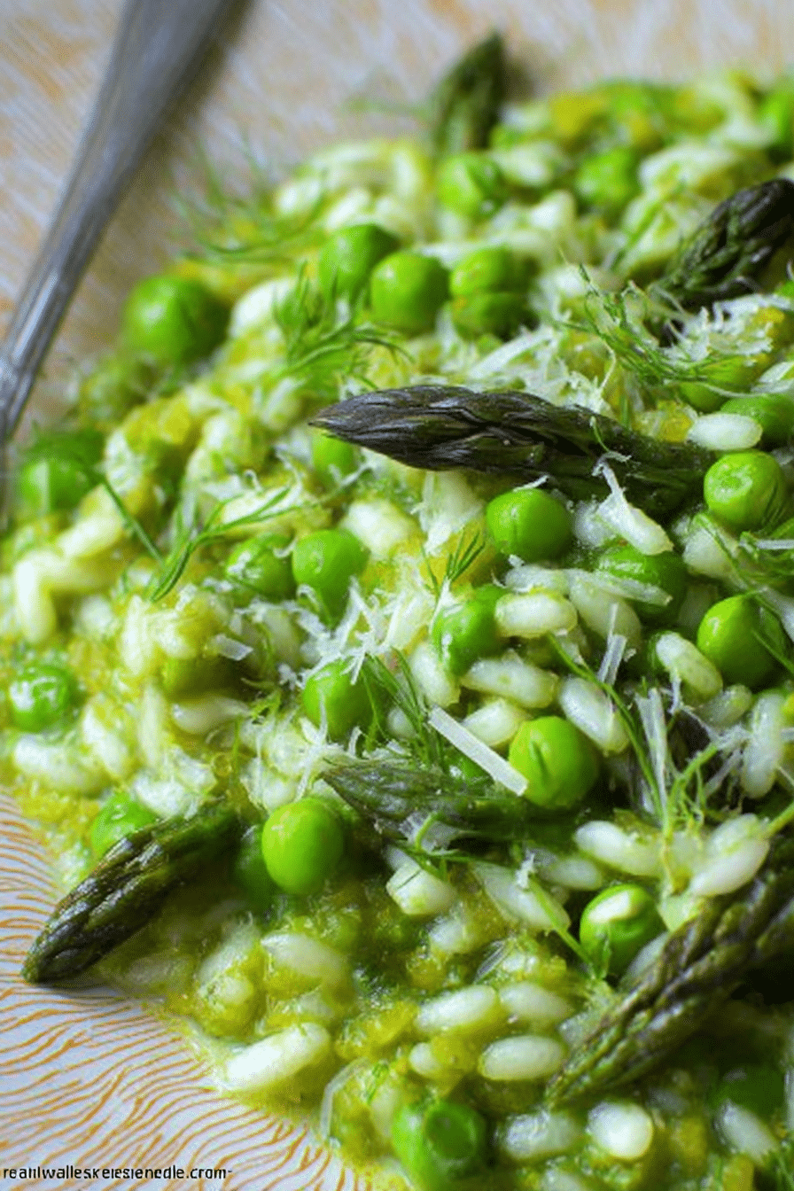 A bowl of spring green risotto with peas and asparagus, garnished with parsley and lemon wedges.