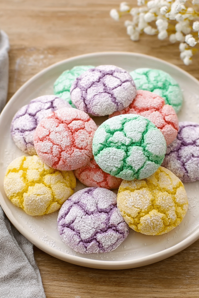 A plate of vibrant springtime crinkle cookies topped with powdered sugar, surrounded by pastel Easter decorations.