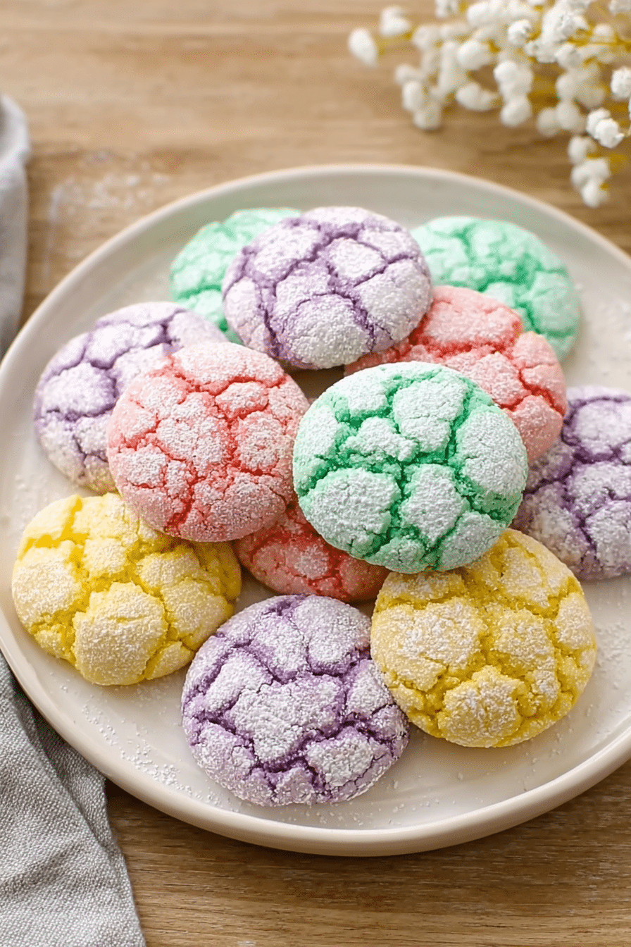 A plate of vibrant springtime crinkle cookies topped with powdered sugar, surrounded by pastel Easter decorations.