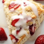 Delicious strawberries and cream scones dusted with powdered sugar, served with fresh strawberries on a rustic wooden table.