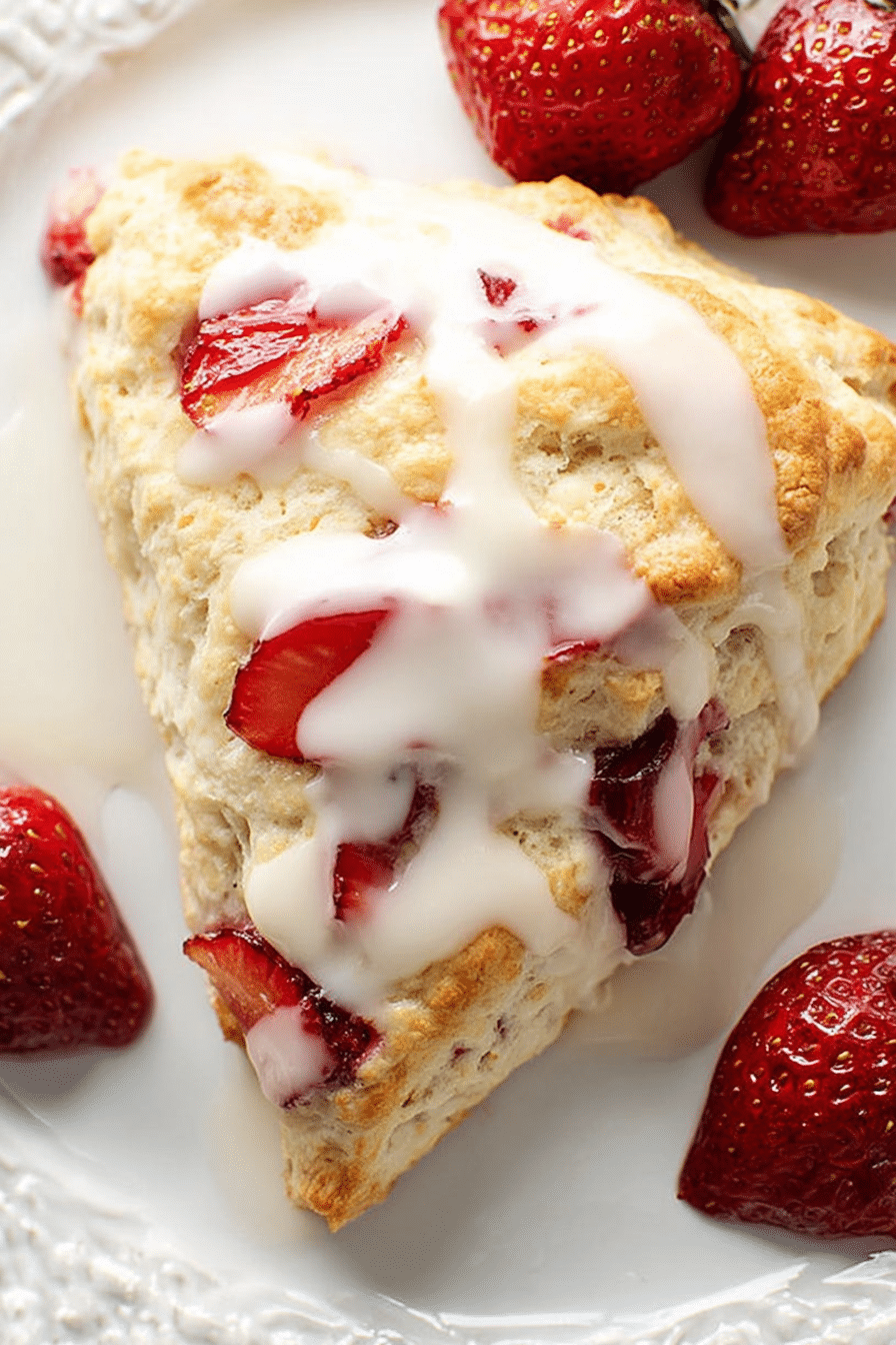 Delicious strawberries and cream scones dusted with powdered sugar, served with fresh strawberries on a rustic wooden table.