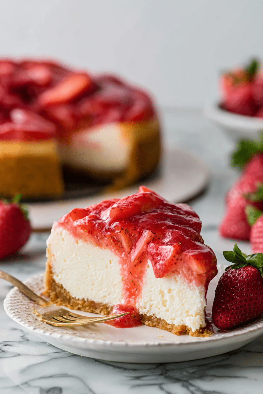 Slice of strawberry cheesecake garnished with fresh strawberries on a white plate