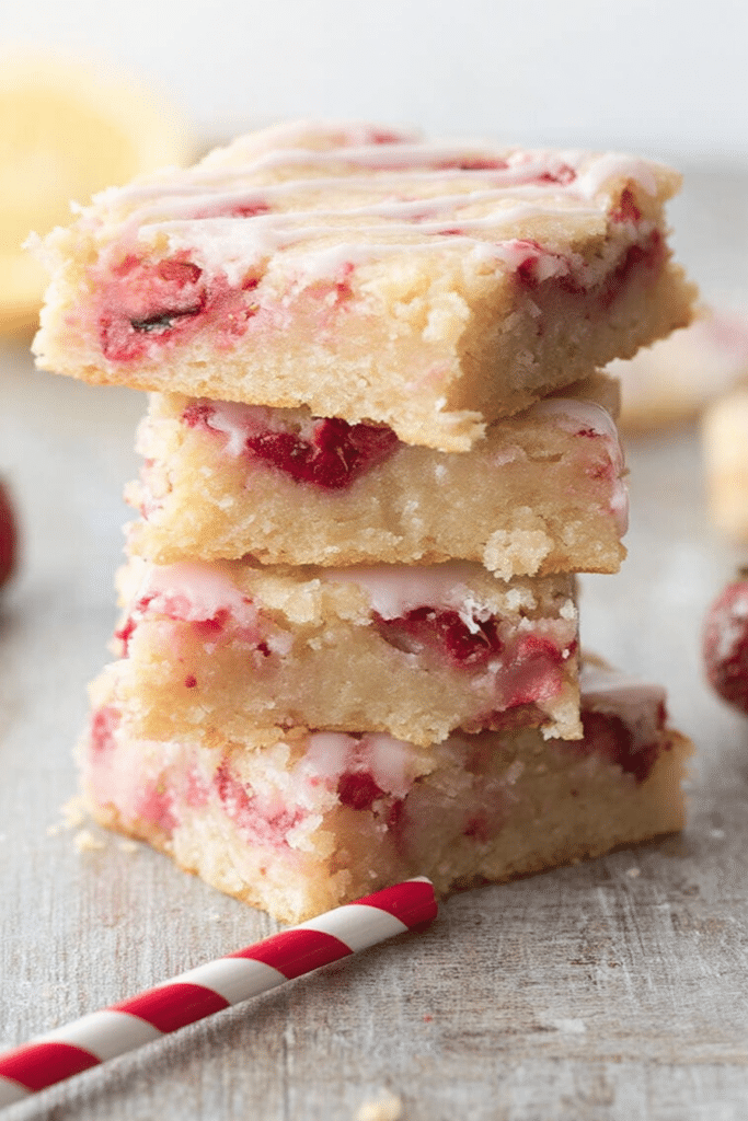 A delicious slice of strawberry lemon blondie on a wooden table, garnished with fresh strawberries and a lemon.