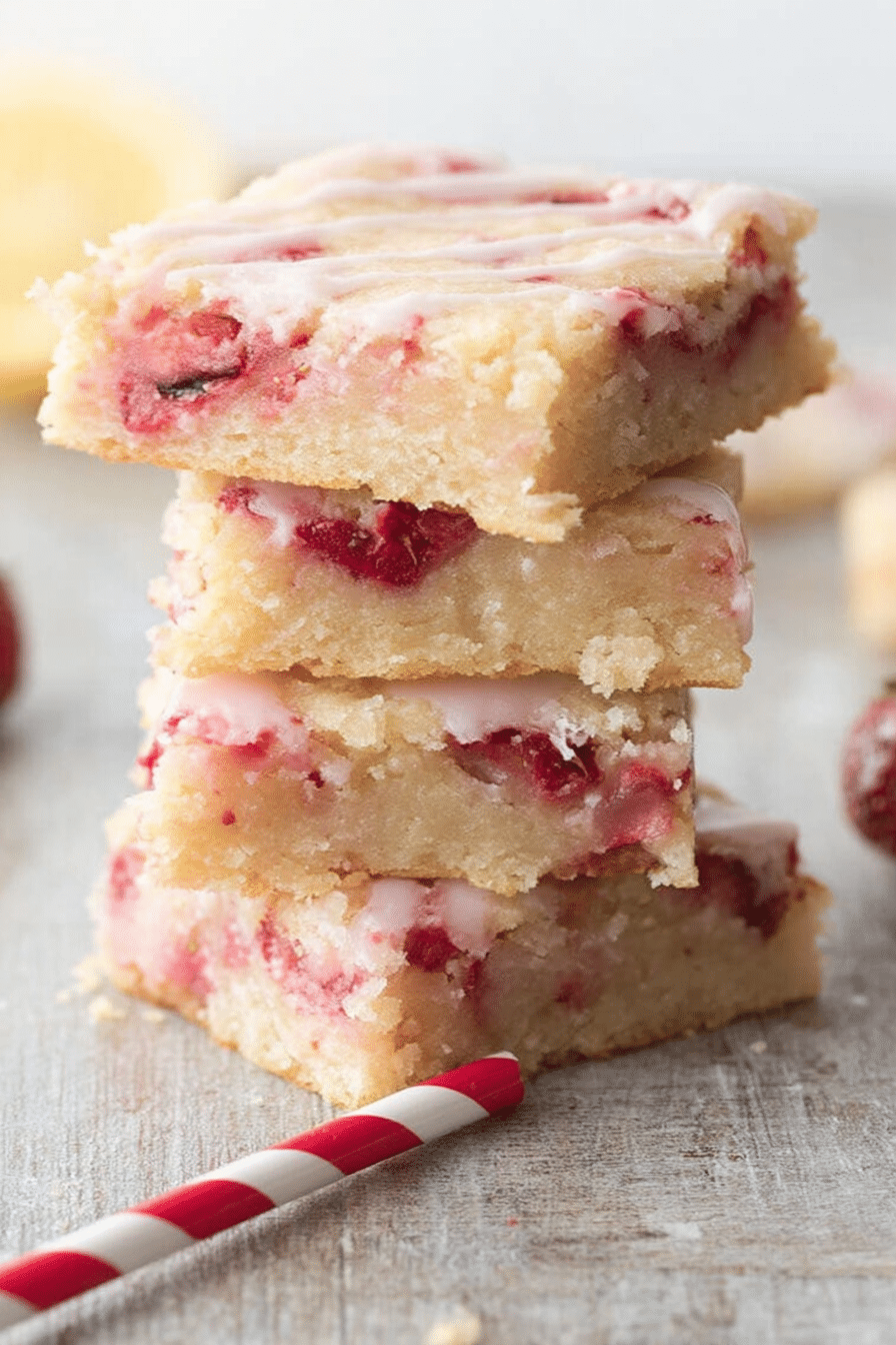 A delicious slice of strawberry lemon blondie on a wooden table, garnished with fresh strawberries and a lemon.