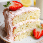 Strawberry Lemon Cake with fresh strawberries and lemon slices on a wooden table