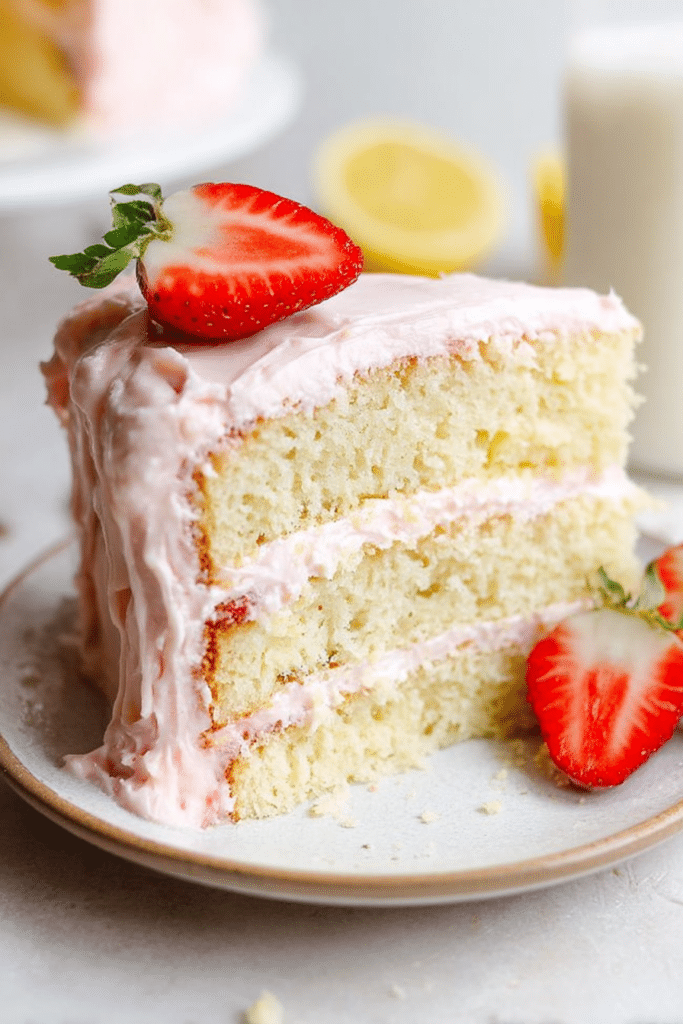 Strawberry Lemon Cake with fresh strawberries and lemon slices on a wooden table
