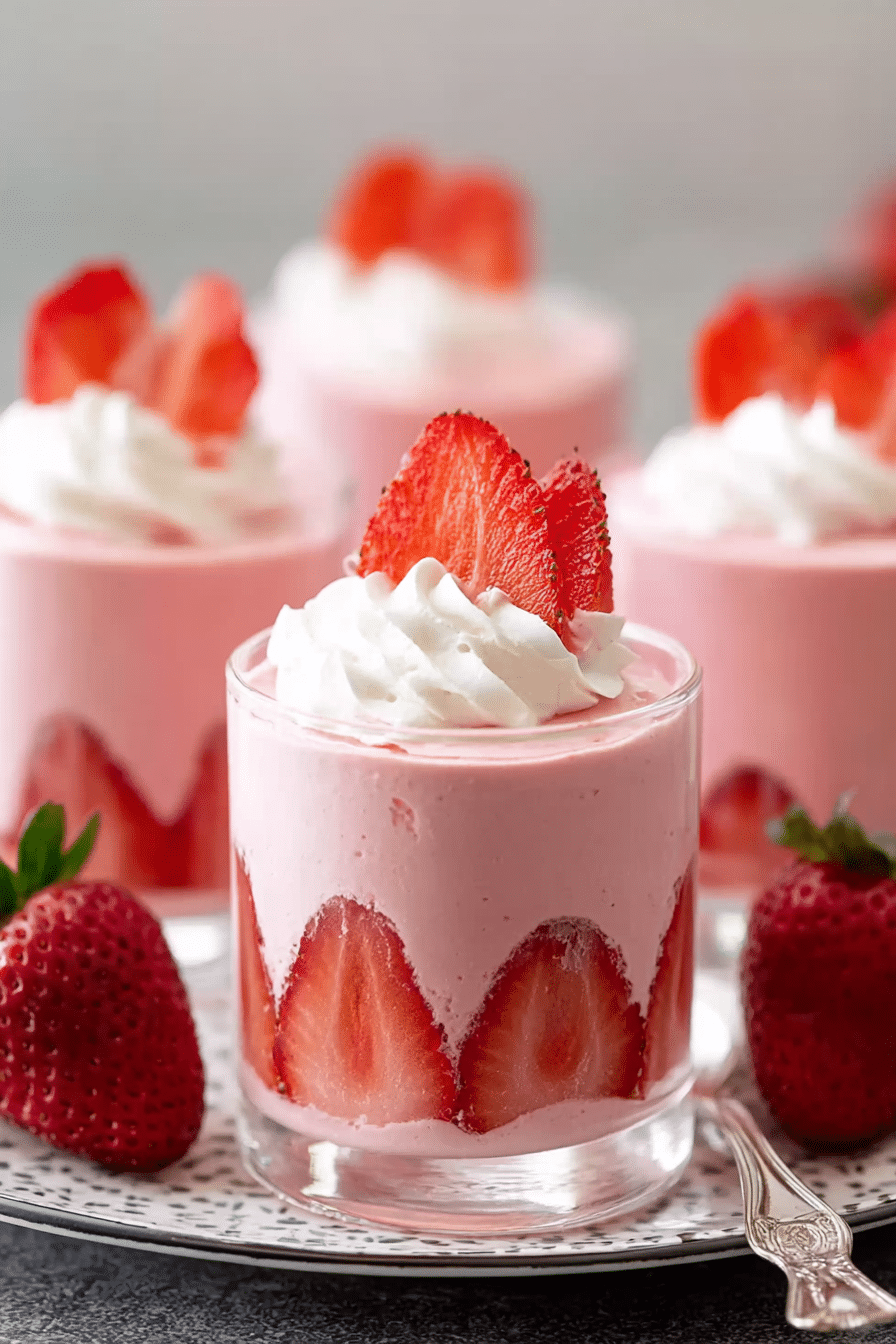 Delicious strawberry mousse in a glass bowl, topped with fresh strawberries and mint.
