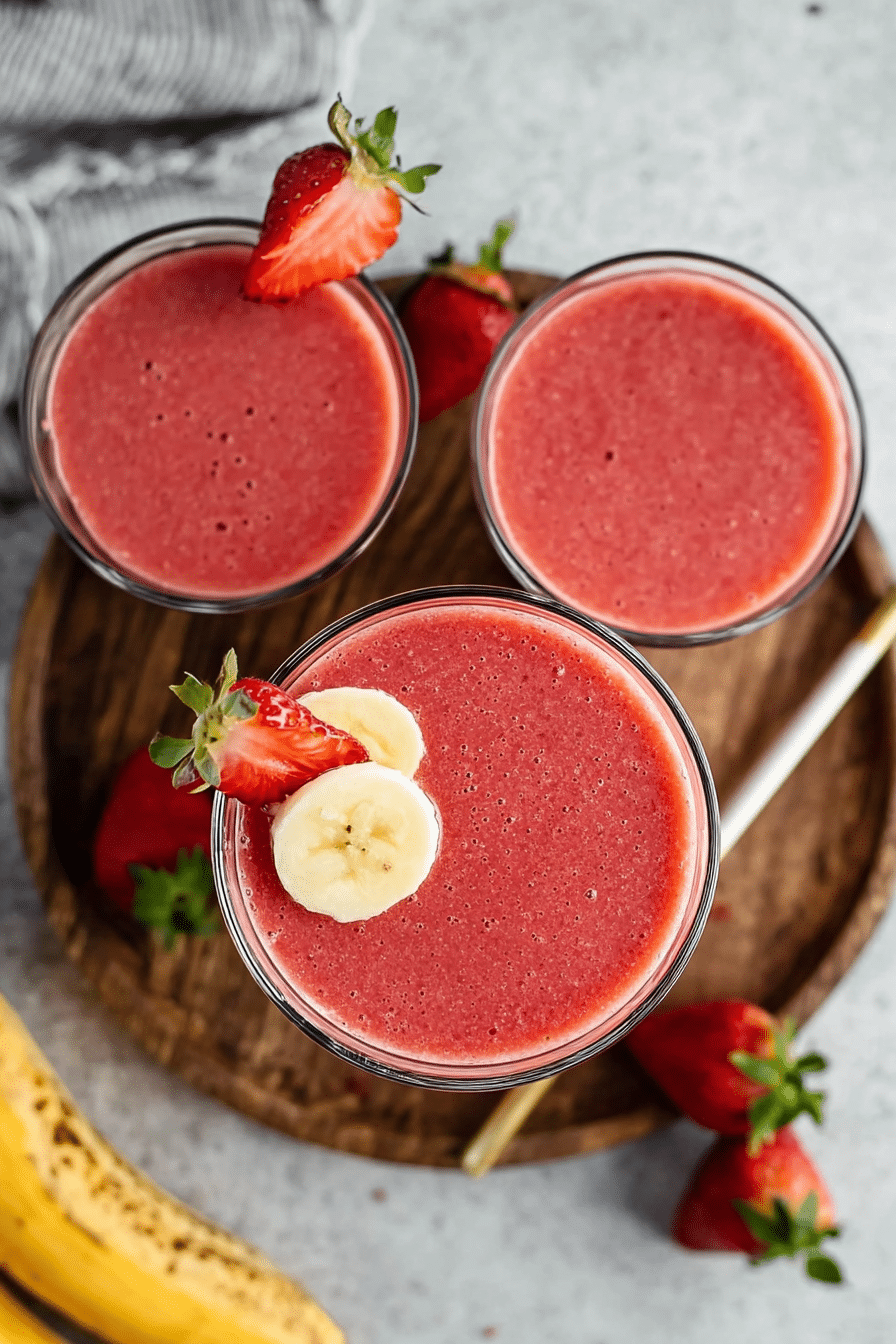 Vibrant strawberry orange banana smoothie in a glass, garnished with fresh strawberries and orange slices on a wooden table.