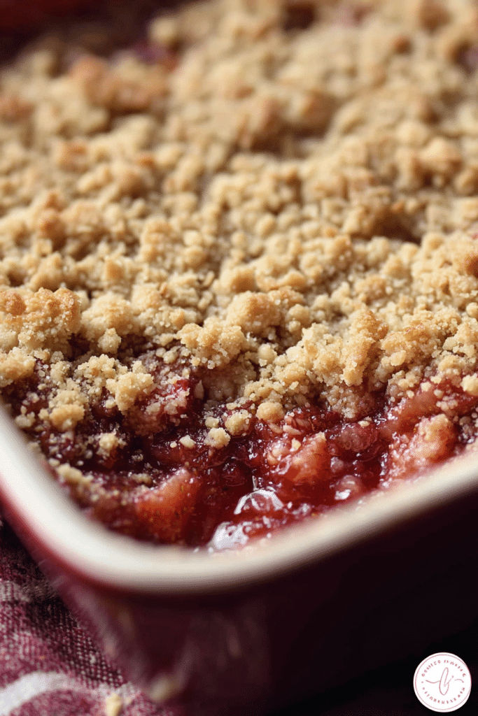 Delicious strawberry rhubarb crumble topped with a golden crumble and served with vanilla ice cream.