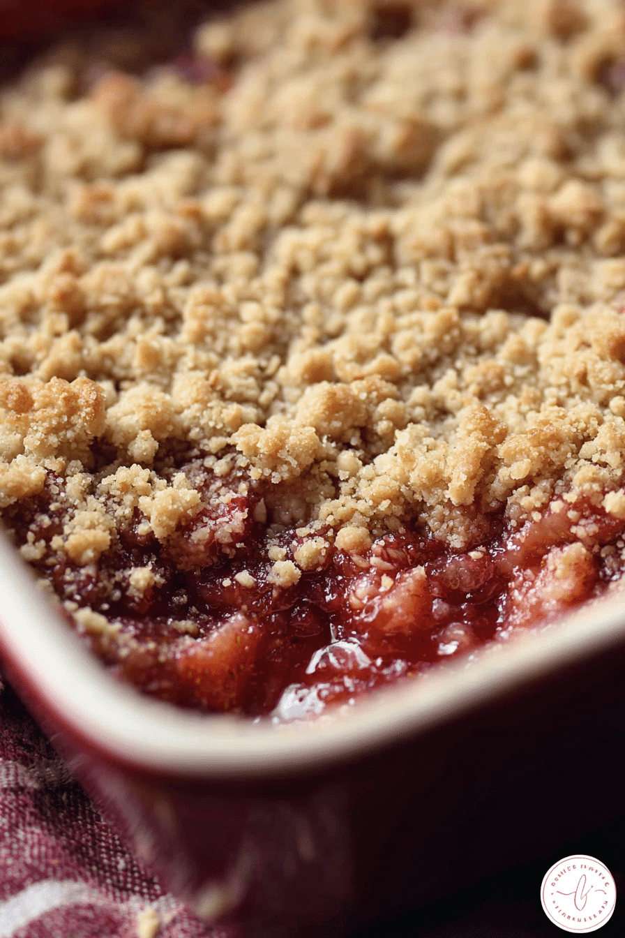 Delicious strawberry rhubarb crumble topped with a golden crumble and served with vanilla ice cream.