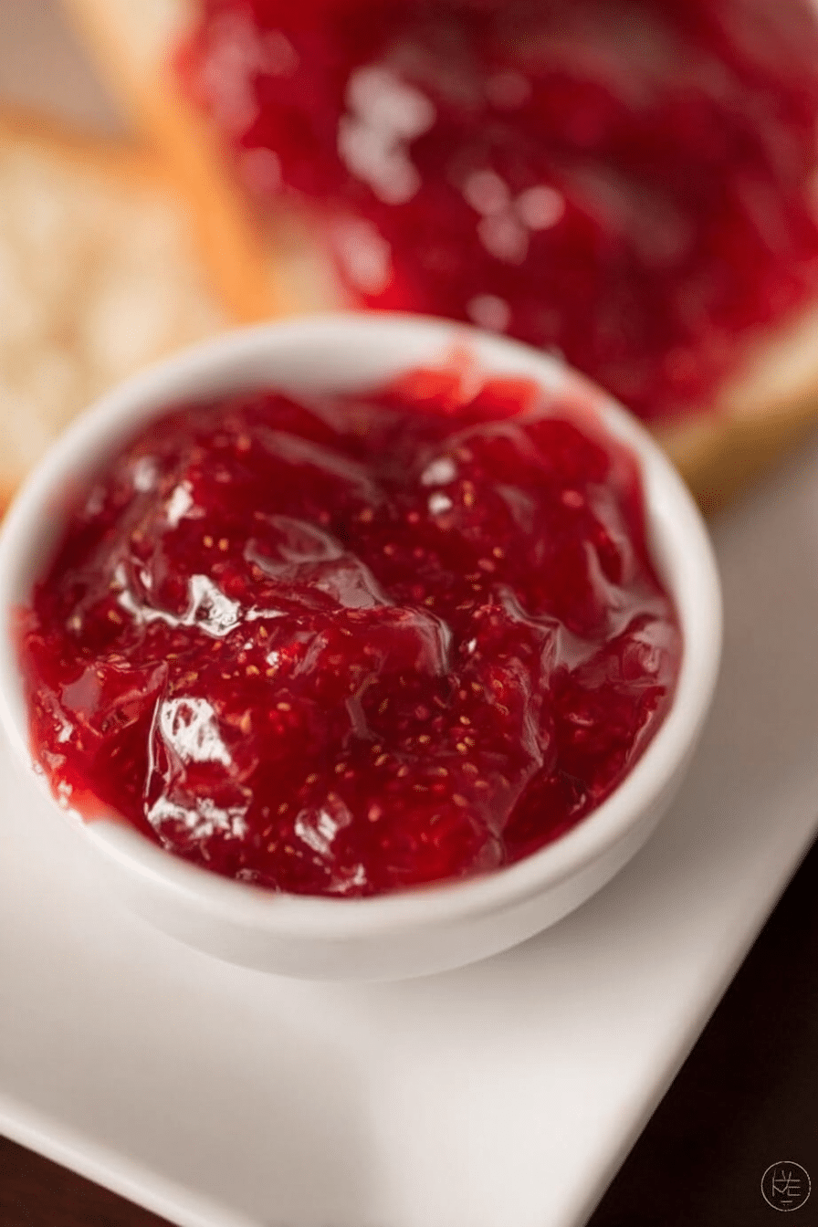 Jar of strawberry rhubarb jam with fresh strawberries and rhubarb on a wooden table.