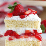 Strawberry shortcake cake with fresh strawberries and whipped cream on a rustic wooden table.