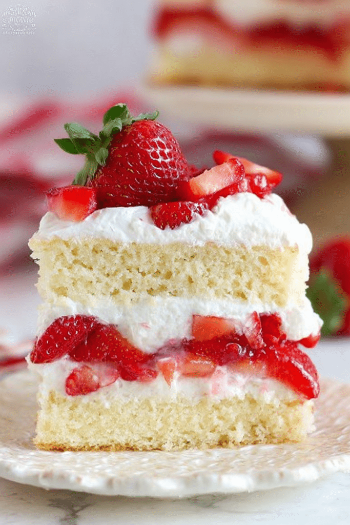 Strawberry shortcake cake with fresh strawberries and whipped cream on a rustic wooden table.