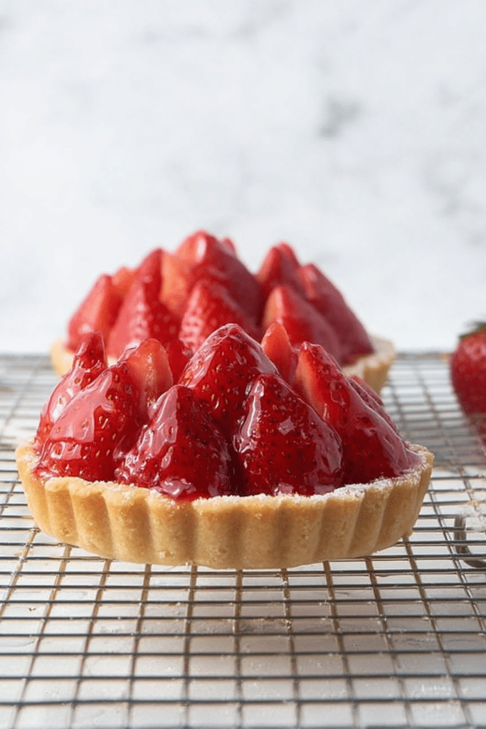 A delectable strawberry tart featuring a buttery crust and topped with fresh strawberries, showcasing a glossy fruit glaze in natural light.