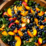 Bright summer peach blueberry kale salad with toasted pepitas in a rustic bowl, perfect for summer meals.