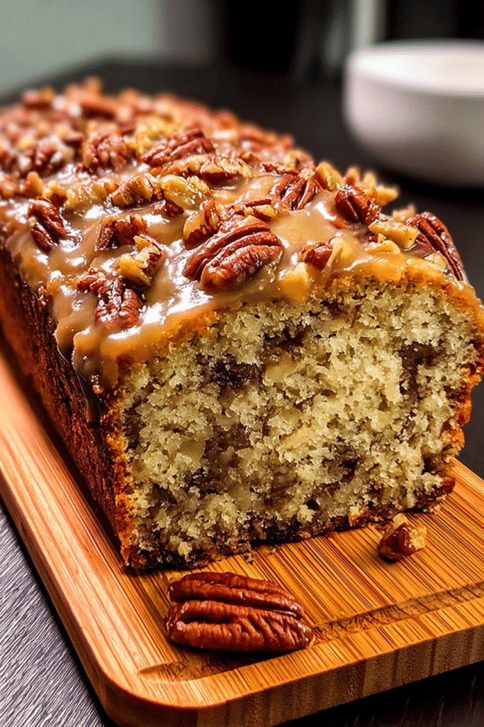 Sliced Sweet Alabama Pecan Bread showcasing its moist interior and crunchy pecans with a rustic background.