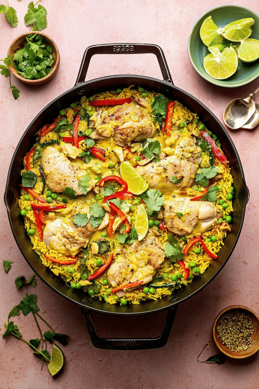 Delicious Thai-inspired yellow curry chicken and rice topped with cilantro and lime, served in a colorful bowl.