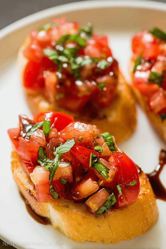 Delicious homemade tomato bruschetta with fresh basil on a wooden platter, drizzled with balsamic glaze.