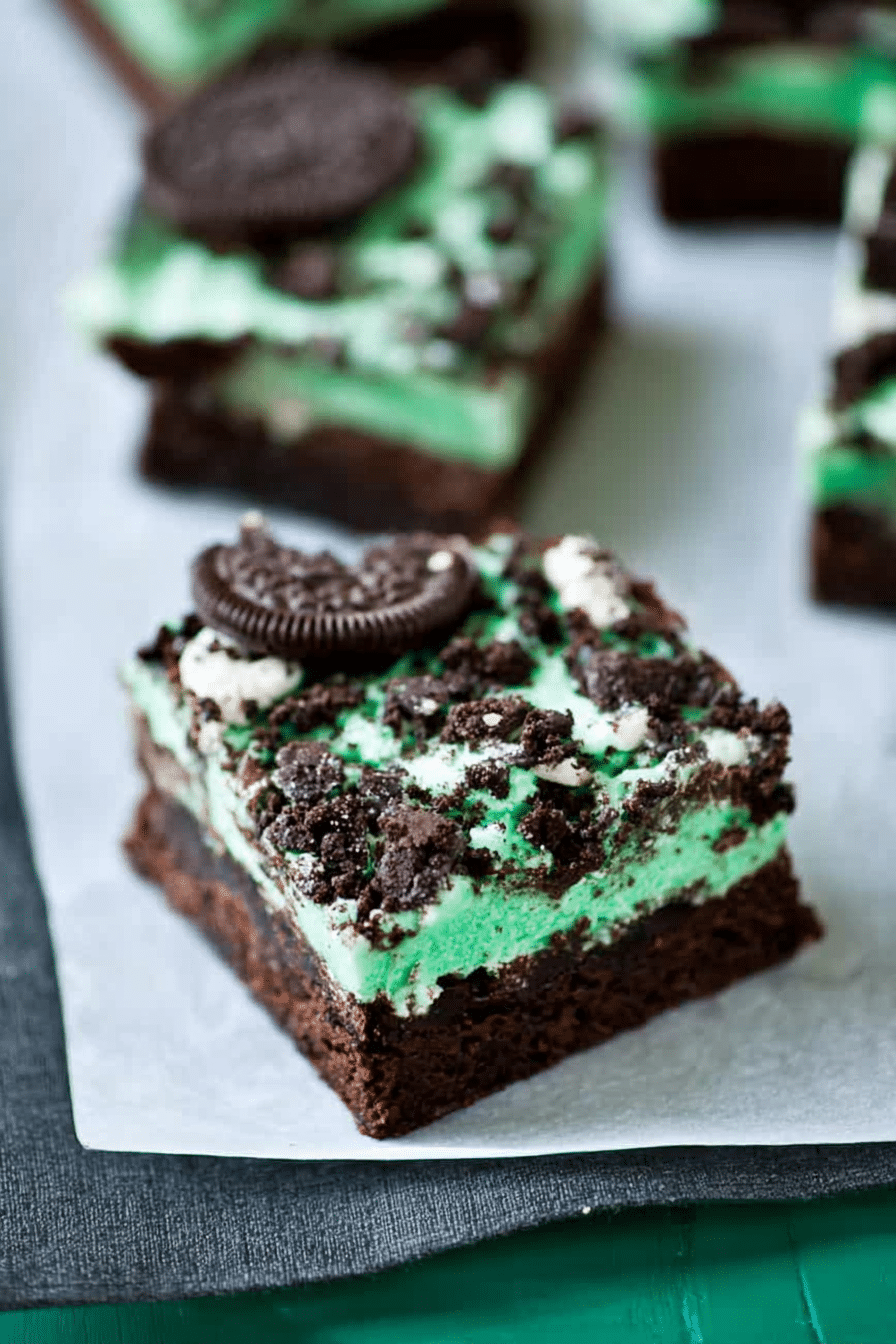 Close-up of triple layer fudgy mint Oreo brownies with rich chocolate layer and mint frosting, garnished with crushed Mint Oreos.