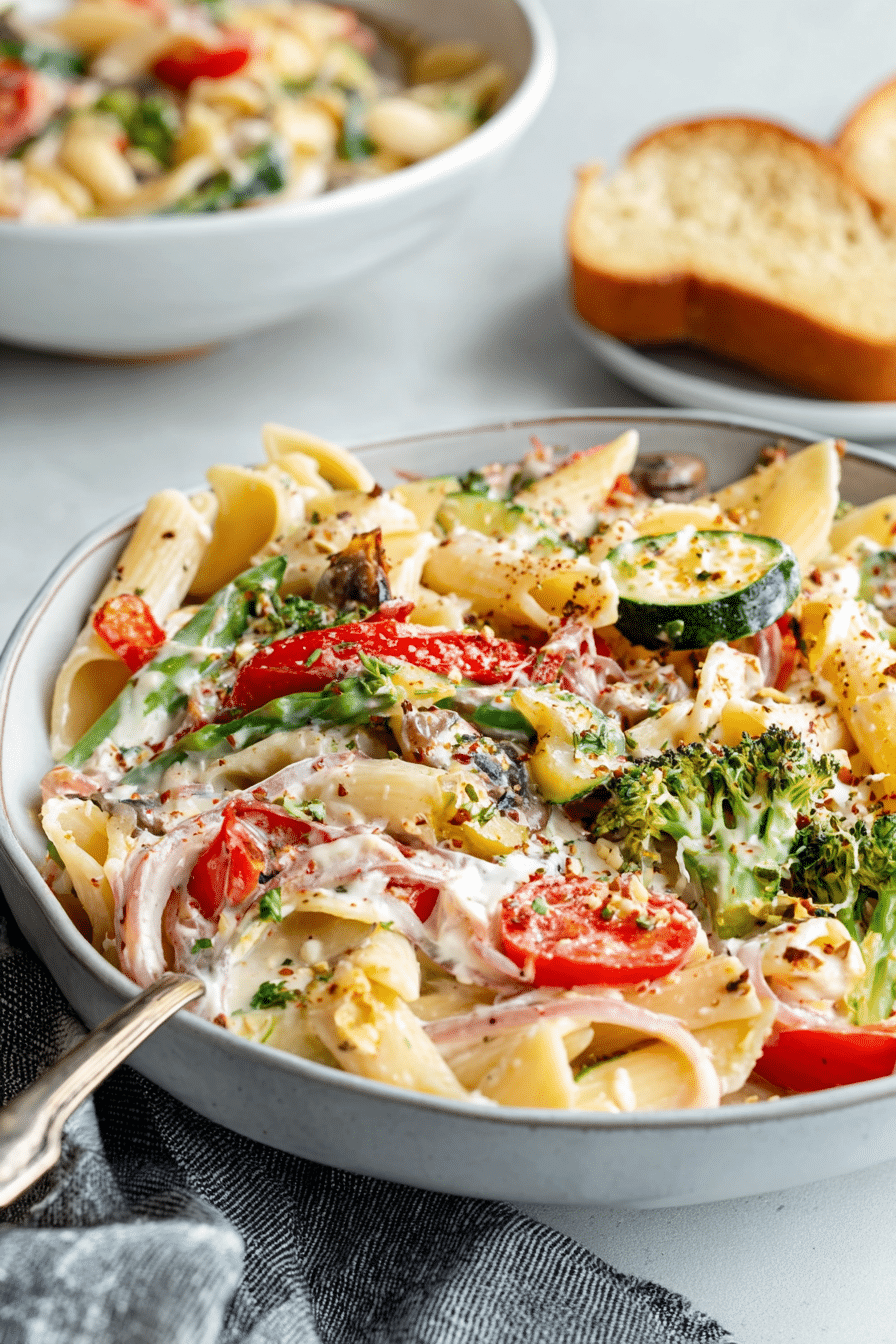 Vegan pasta primavera topped with creamy garlic cashew sauce and fresh vegetables, including zucchini, broccoli, and cherry tomatoes.