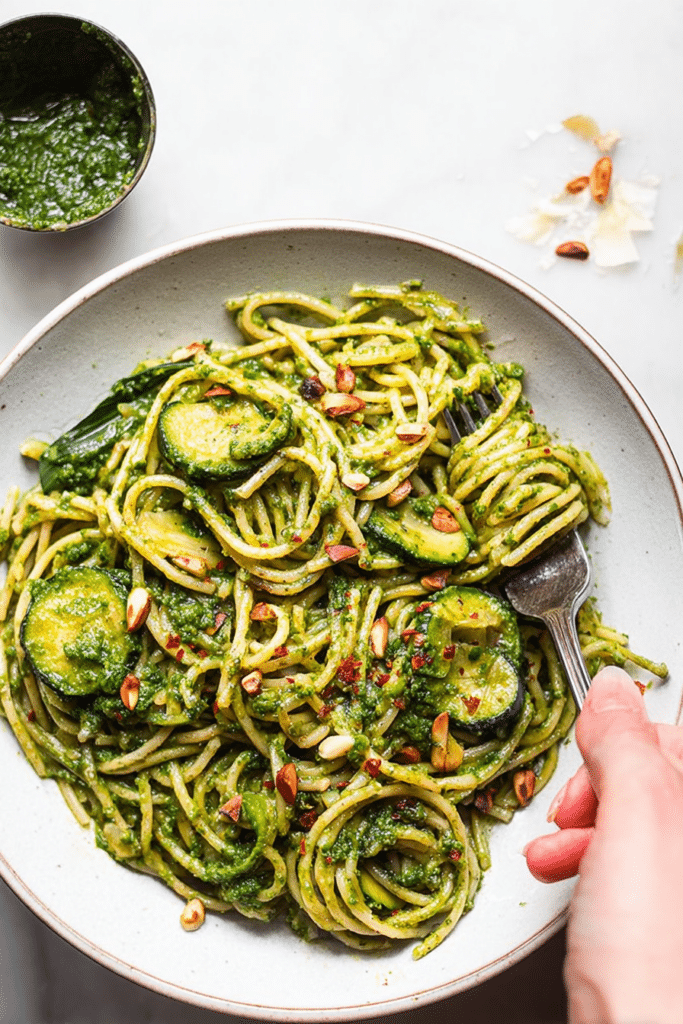 Vegan wild garlic pesto pasta served in a bowl, topped with sautéed courgette and nuts, showcasing a fresh and healthy dish for a wholesome meal.