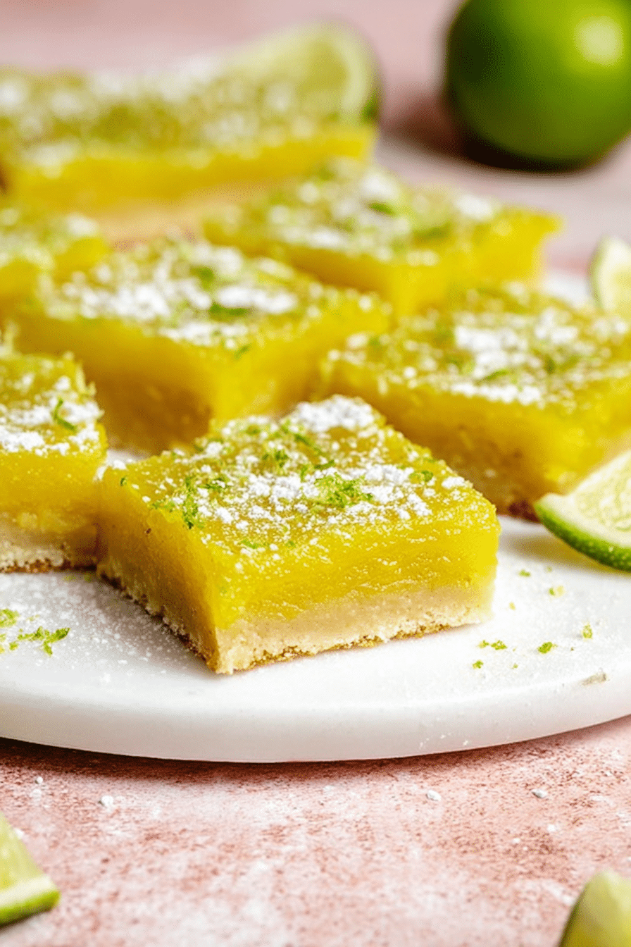 Vibrant lime bars dusted with powdered sugar and topped with lime zest on a wooden table.