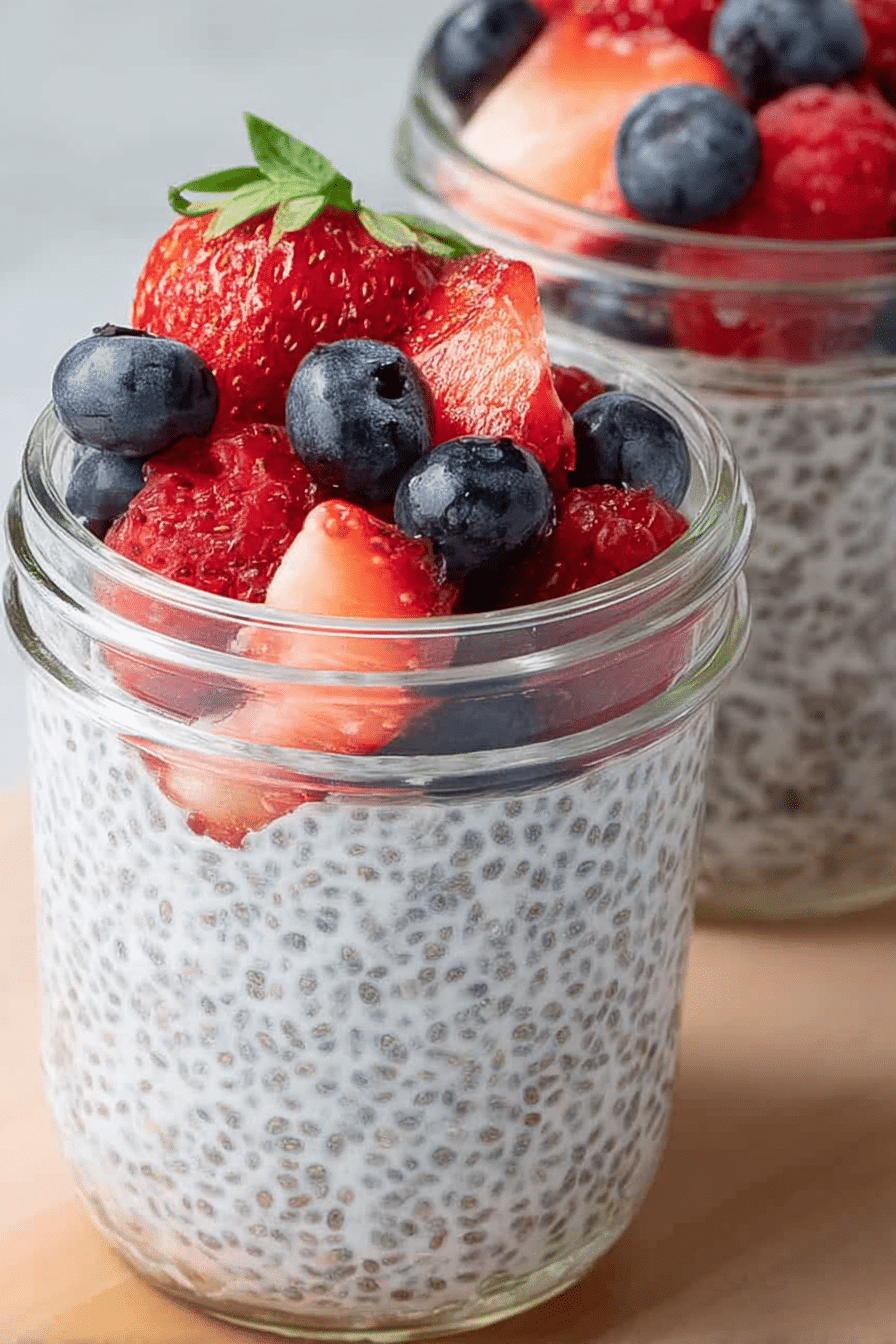 Delicious 3-ingredient chia pudding topped with fresh strawberries in a glass jar.
