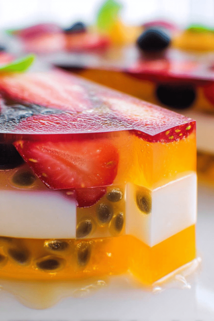 Vibrant agar jelly fruit cake with tropical fruit pieces on a plate, perfect for summer parties.