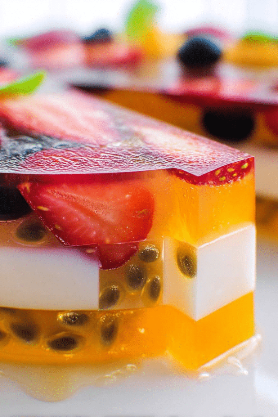Vibrant agar jelly fruit cake with tropical fruit pieces on a plate, perfect for summer parties.